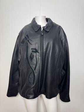 Unik ultra black leather riding jacket women’s 4XL suede floral detailing